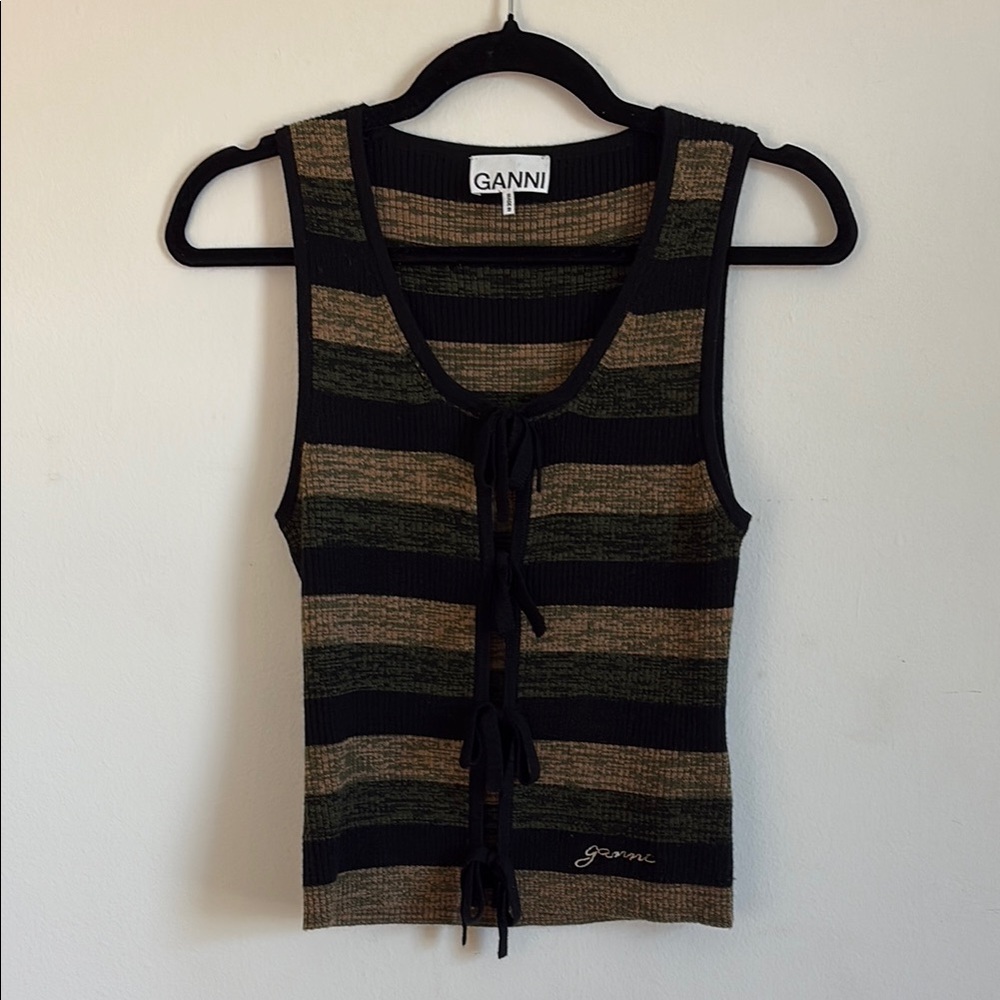 Ganni Black and Brown Striped Women's Top